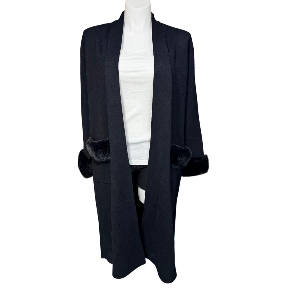 Max Sport Womens Cardigan Sweater Duster Faux Fur Trim Cuffs Pockets Black Large